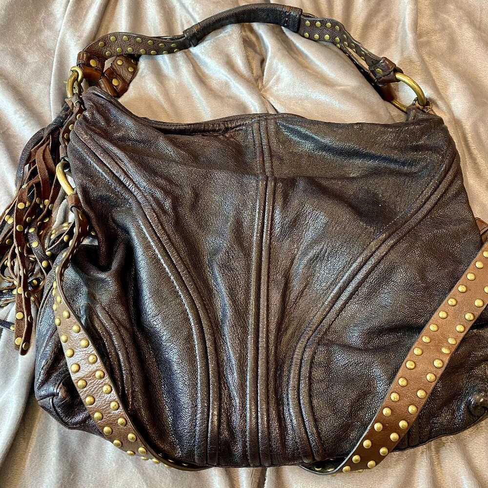 BOTKIER VINTAGE BOMBAY BURGUNDY/BROWN GOLD STUDDED TALL LEATHER HANDBAG